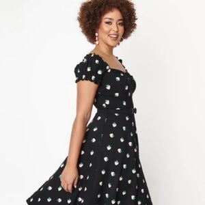 Unique Vintage Black & Pink Strawberry Print Ohara Swing Dress